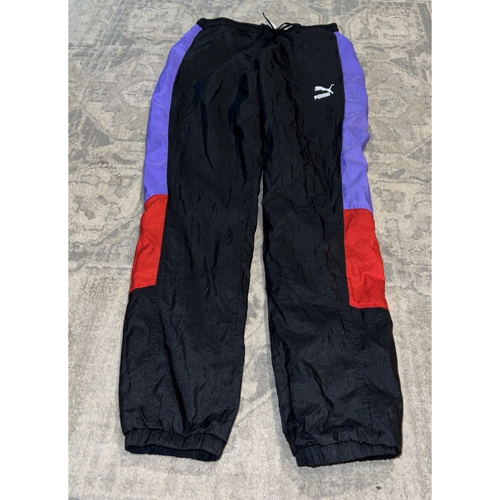 Vintage Puma Nylon‎ Blend Lined Wind Pants Womens Size Small Black Purple Red